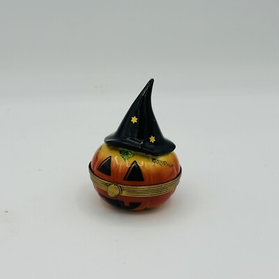 Rochard Limoges France Porcelain Trinket Box Halloween Pumpkin Witch RARE