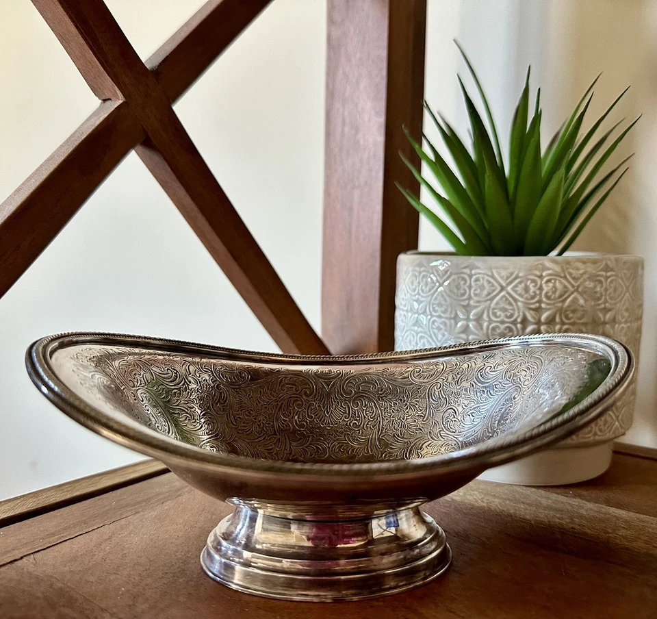 VTG Ellis Barker Silverplate Oval Pedestal Dish Bowl w/Menorah Mark, 7” - Image 4 of 4