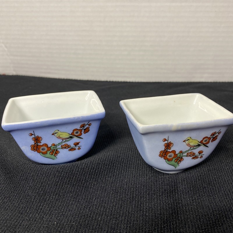 Chinese Dipping Bowls Purple w/ Yellow Bird Cherry Blossoms Set of 2