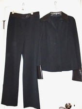 USA Made~WOMEN 2PC PANT SUIT~DONNA DEGNAN~BLACK~LEATHER TRIM~PANTS-6/JACKET-8
