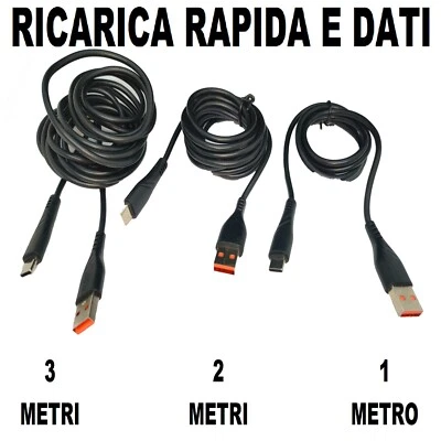 CAVO USB TYPE-C NERO RICARICA RAPIDA CARICATORE PER SAMSUNG HUAWEI IPHONE SONY