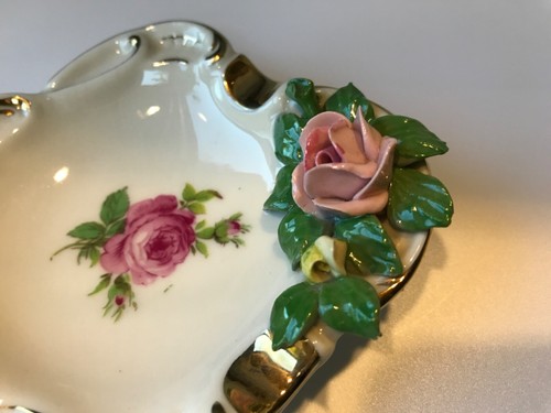 Vintage Capodimonte Dresden Roses Trinket Dish Ashtray - Afbeelding 2 van 6