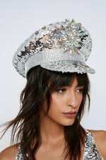 Silver Sequin Rhinestone Captain Hat Festival Burning Man Rave Statement Bling