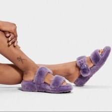 UGG Fuzz Yeah Violet Bloom Shearling Slingback Platform Sandals Women s 8