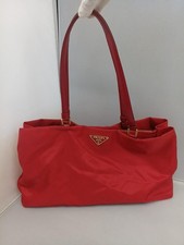 PRADA Red Nylon Tote Bag Triangle Logo Leather Handle Used