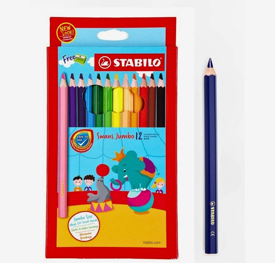 Набор из 12 цветных карандашей-лебедей Stabilo Jumbo с бесплатной точилкой для детского рисования - Изображение 2 из 4