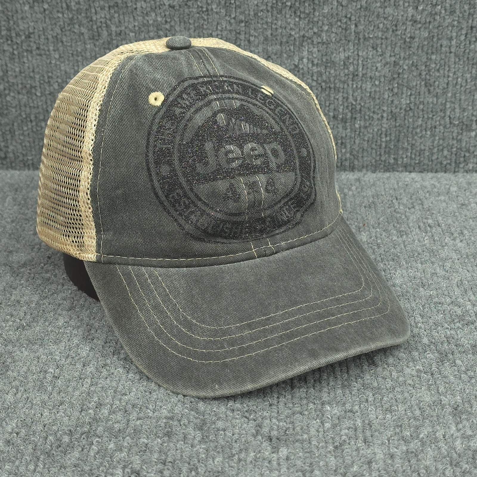 Jeep Hat Cap Mens Snap Back Trucker Black Beige Mesh Distres