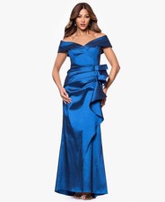 Xscape Petite Gown 8P Off Shoulder Ruffled Sapphire Blue Formal Wedding NWT 299