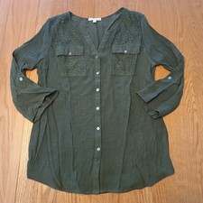 Notations Womens Blouse Size Large 3/4 Roll Tab Sleeves Lace Accents Olive Green