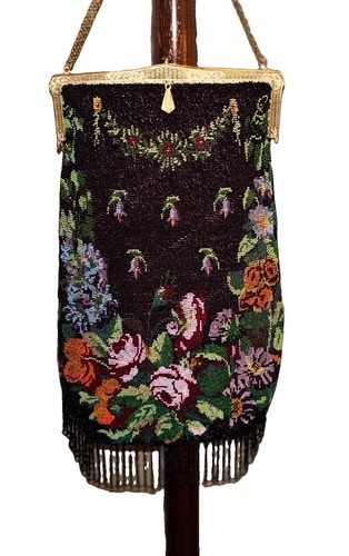 Antique Micro Beaded Floral Art Deco Era Purse 1910s/1920s