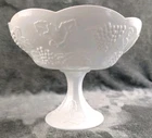 Vintage Milk Glass Pedestal Compote Bowl – Grapevine Pattern Scalloped Edge