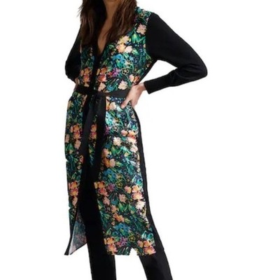 Ted Baker Tilja Women's 6 Large Black Floral Satin Longline Woven Cardigan READ