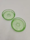2 Federal Glass Green Sunburst Coasters Vtg 1930s Uranium Glass Pair 2.5" Glows