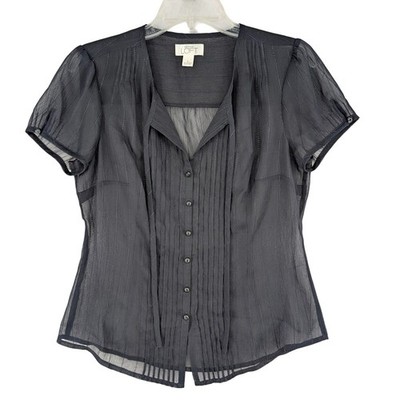Ann Taylor Loft Blouse 6 Black Pinstripe Pleated Sheer Top Professional Airy