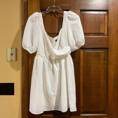 Lulus Little Bit in Love Mini Dress S Bridal White Textured Puff Sleeve Cottage