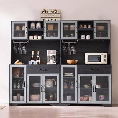 71'' Pantry Cabinet with Wine Ra and Charging Stat, Tall Coffee Bar