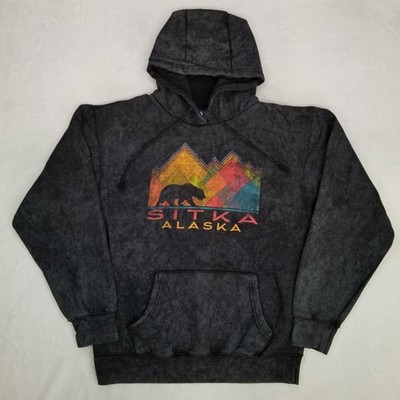Sitka Alaska Mountain Bear Hoodie Mens Size Medium Acid Wash Dark Gray Loose Fit