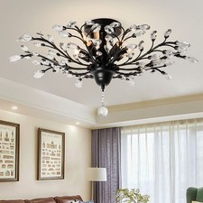 Vintage 5-Light Black Crystal Chandelier Ceiling Light Glass & Iron Classic
