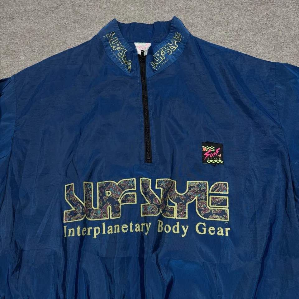 Vintage 90s Surf Style Jacket Men's Size L Blue Quarter Zip Windbreaker Surfer - Image 3 of 4