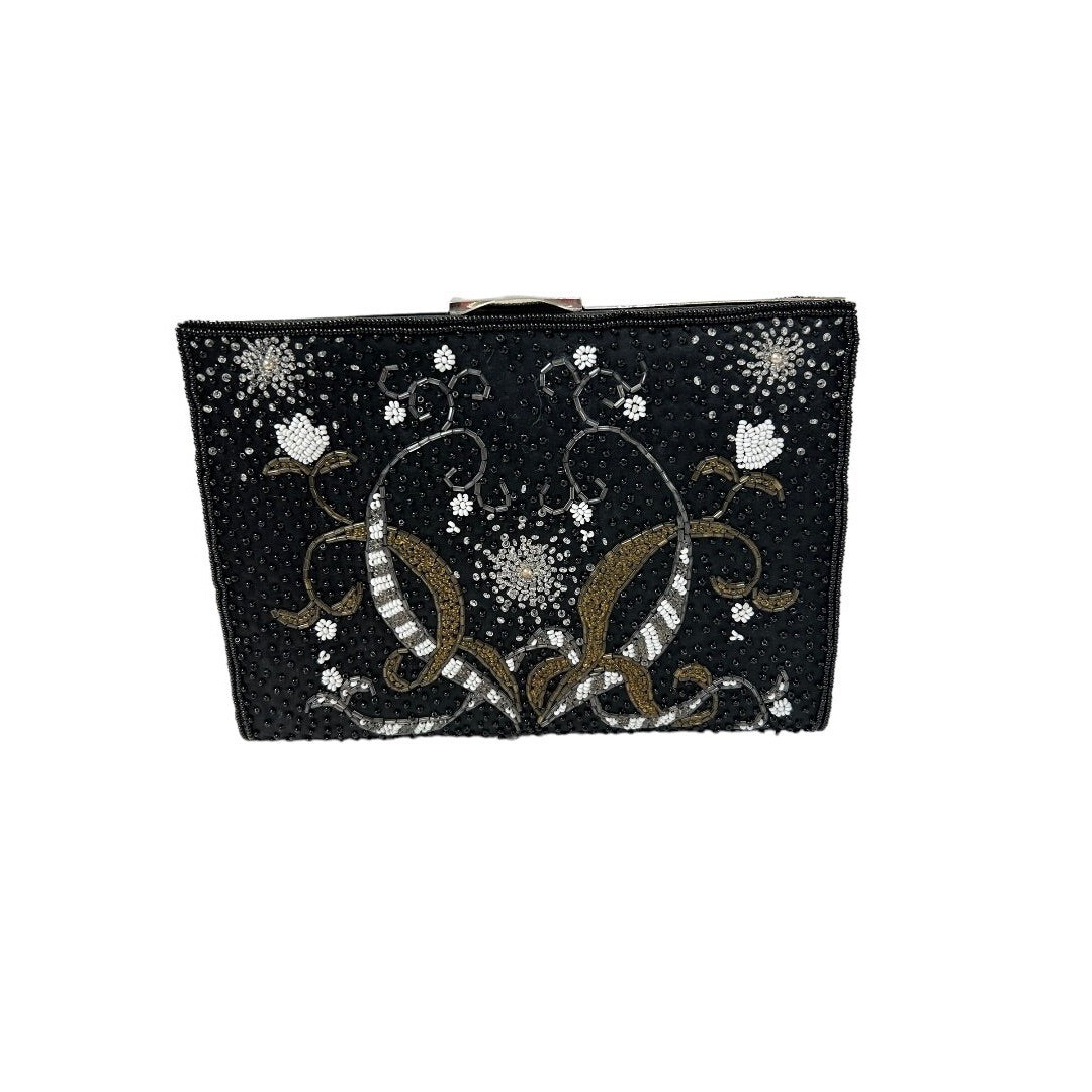 "Vintage 1960s Beaded Black Satin Clutch Purse Hinged 7.5\" x 5\""