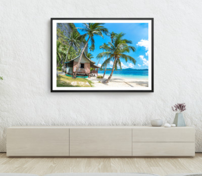 Beach Huts Print, Plam Plam Wall Art, Cloudy Sky Framed Beach Wall Art, Coastal