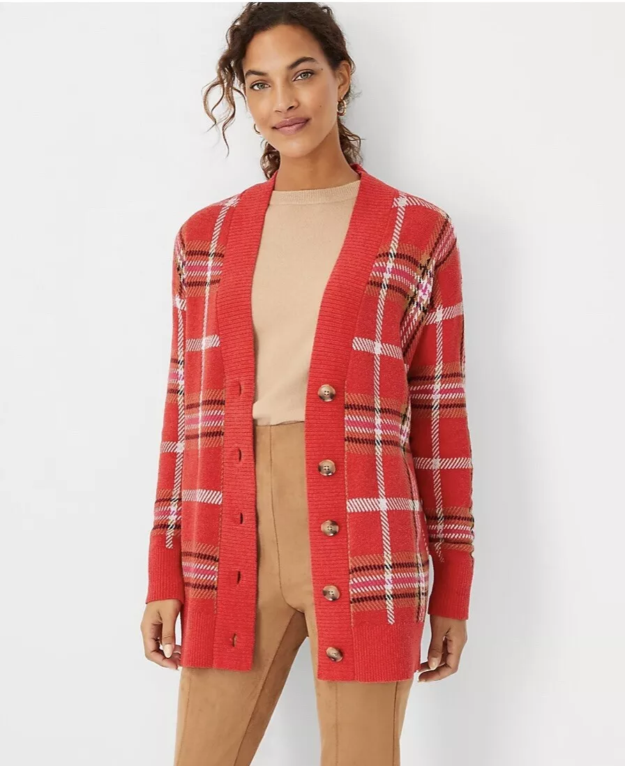 NWT Ann Taylor Jacquard Plaid Boyfriend Cardigan $119 size XS Jubilee Red 716PM