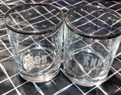 New KNOB CREEK Low Ball Rocks Silver Rim Whiskey Glasses Set of 2 shot      (49)