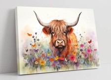 WATERCOLOUR HIGHLAND COW & WILDFLOWERS 1 -DEEP FRAMED CANVAS WALL ART PRINT