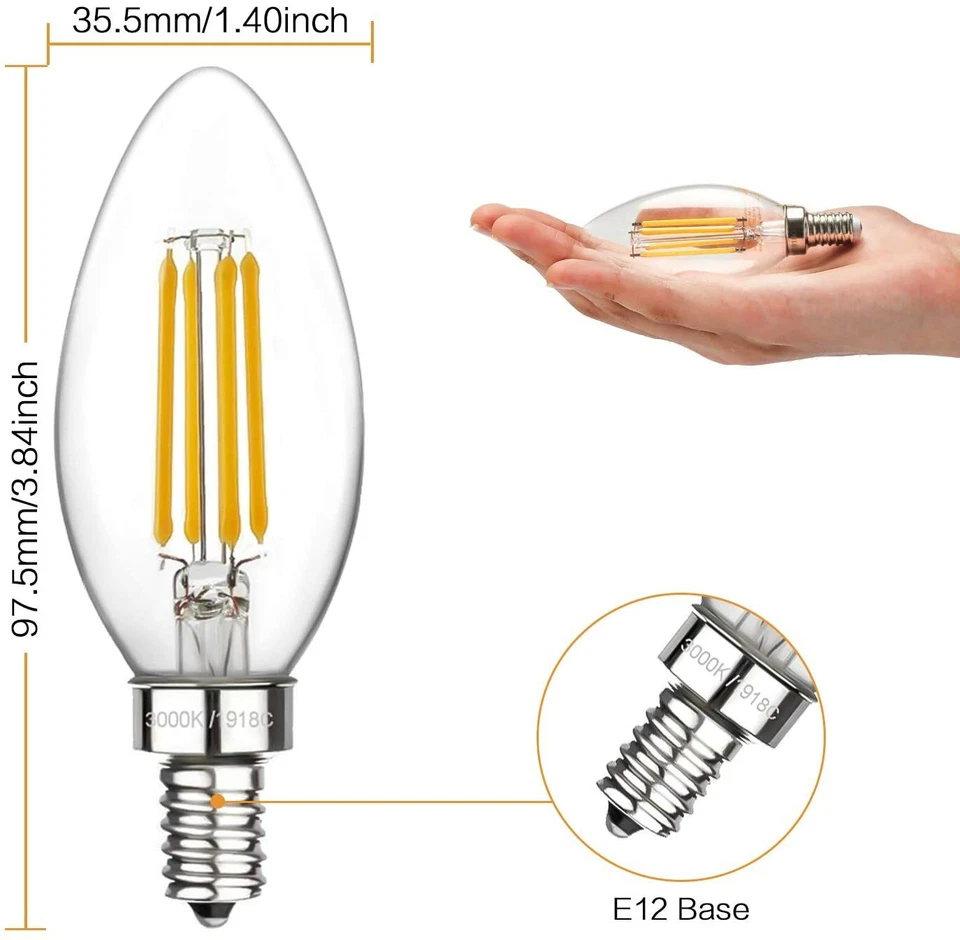 12x 110V 3000K E12 Candelabra LED Bulbs B11 Base 60W Equivalent  Decorative Lamp - Image 3 of 4