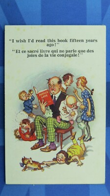 Frecher Donald McGill ? Comic Postkarte 20er Jahre großes Familienbuch Verheiratete Liebe 5116
