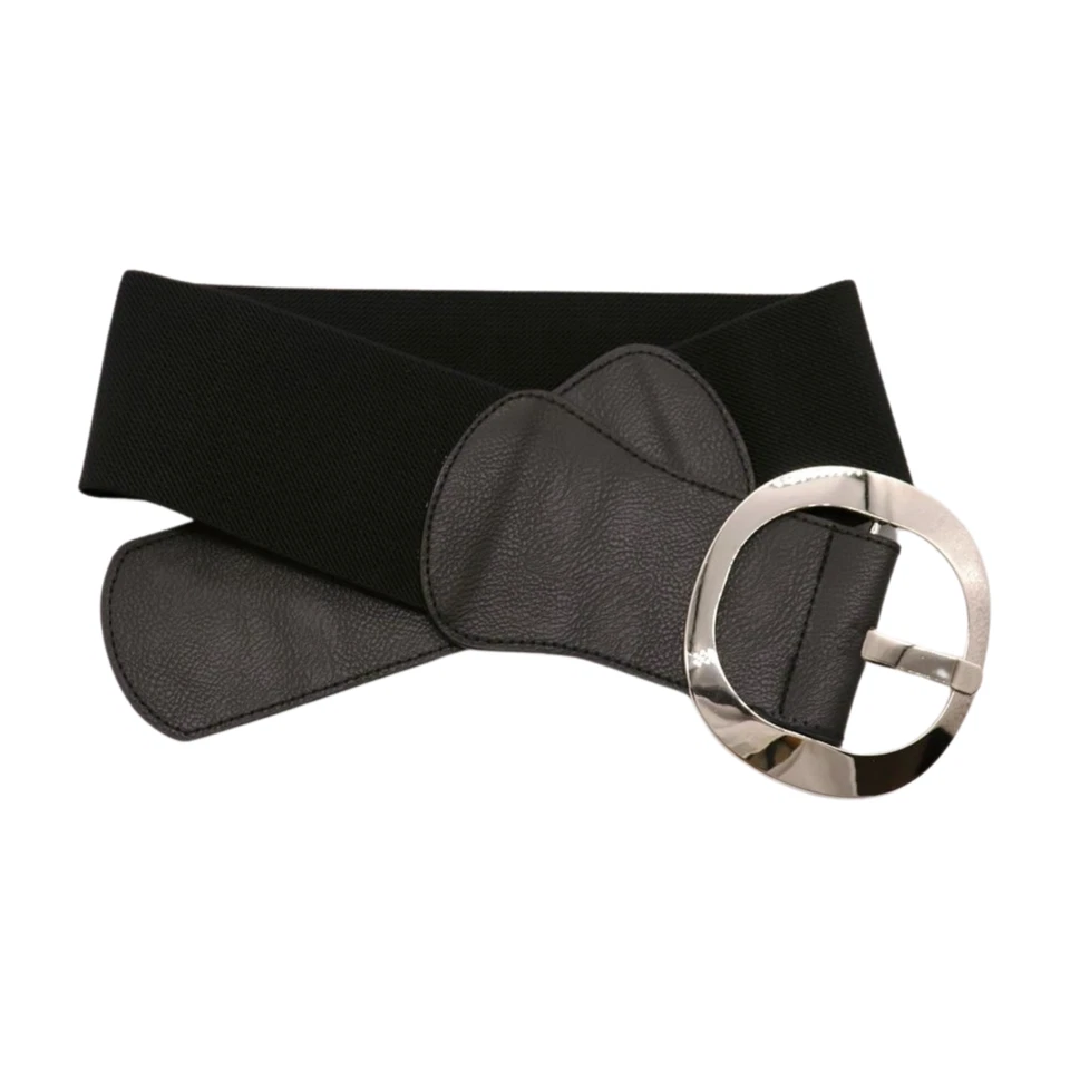 Nuevo Cinturón Mujer Negro Ancho Elástico Cintura Grande Plateado Redondo Metal Hebilla Talla S Foto 2 de 4