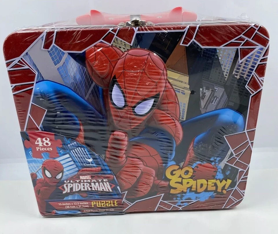 MARVEL ULTIMATE SPIDERMAN JIGSAW PUZZLE GAME GO SPIDEY EMBOSSED METAL BOX 48PCS - Image 3 of 4