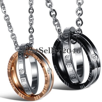 His & Hers Interlocking Ring Necklace Set - Stainless Steel