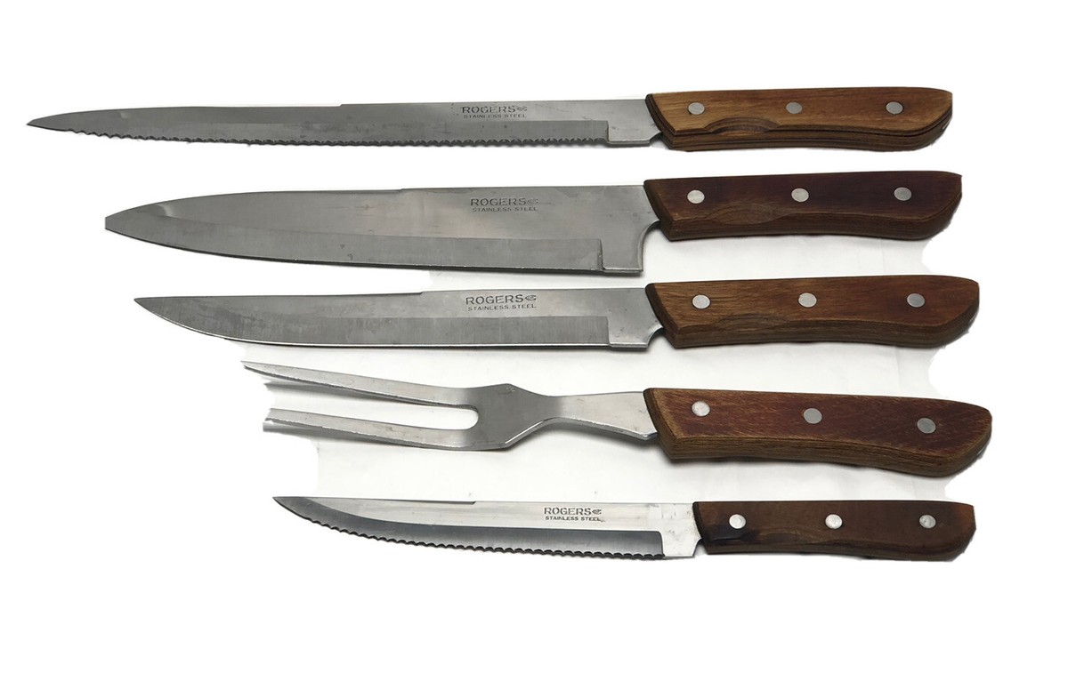 Rogers Knife Set 5 Pc Stainless Steel Wood Handles Chef Fork