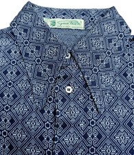 1970's Gino Paoli M 41x27 Cotton Knit Geometric Button Up Shirt Blue/White Italy