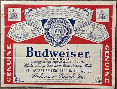 Vintage Budweiser Lager Beer Giant Label Sticker 18x14 Anheuser-Busch Never Used