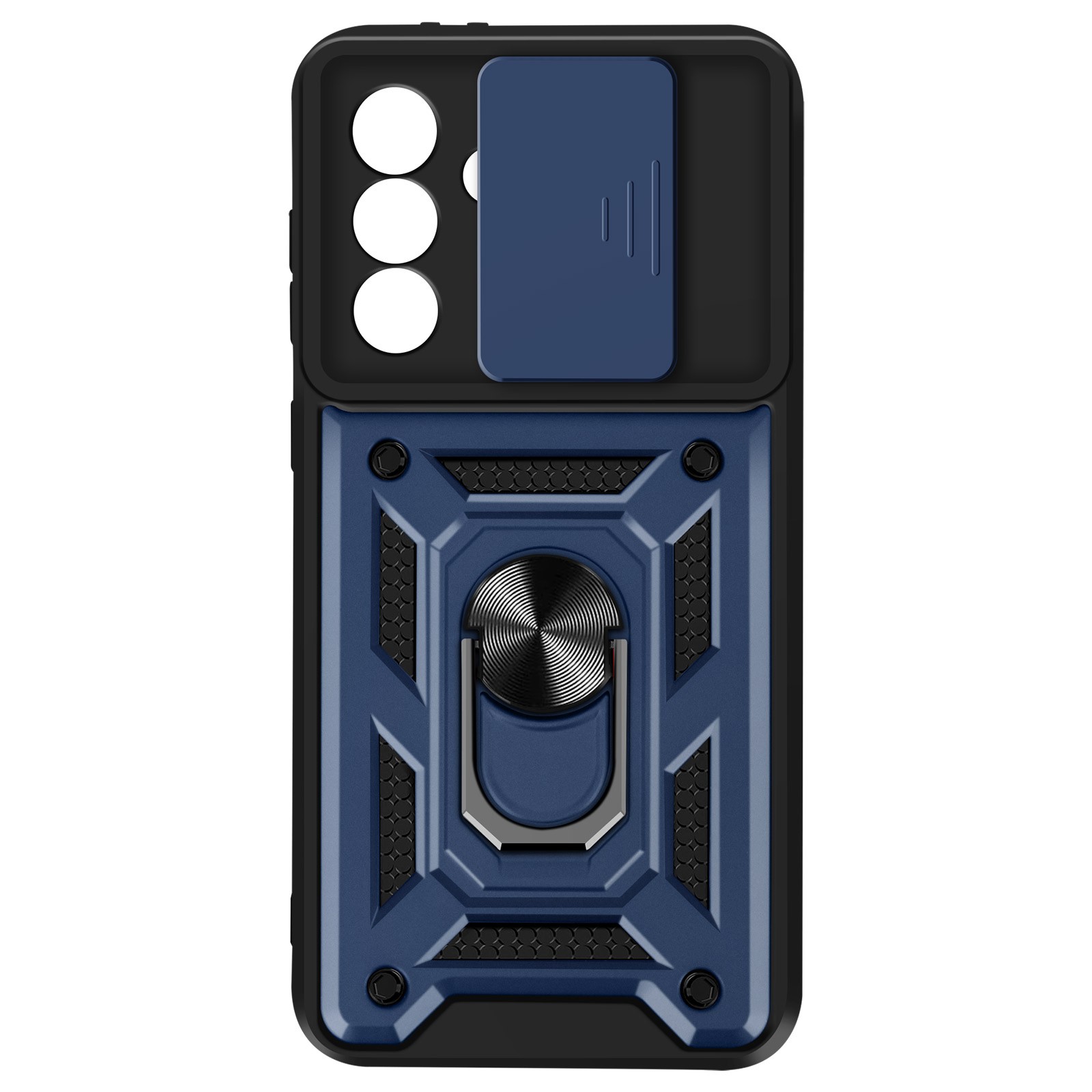 Coque Galaxy A26 Mayaxess avec anneau support et cache caméra coulissant noir