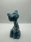 FENTON  ART GLASS BLUE  HAPPY KITTY HANDPAINTED ONE OF A KIND