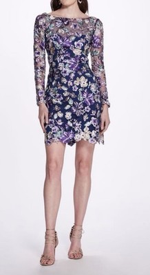 MARCHESA NOTTE EMBROIDERED TULLE NAVY MULTI Floral MINI DRESS SIZE 8