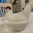 Westmorland Vintage Milk Glass Hen On A Nest Covered Dish Red Accents 5.25"