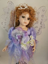 VINTAGE 16" PORCELAIN CATHAY "FAIRY" DOLL - LONG RED CURLY HAIR - PURPLE OUTFIT