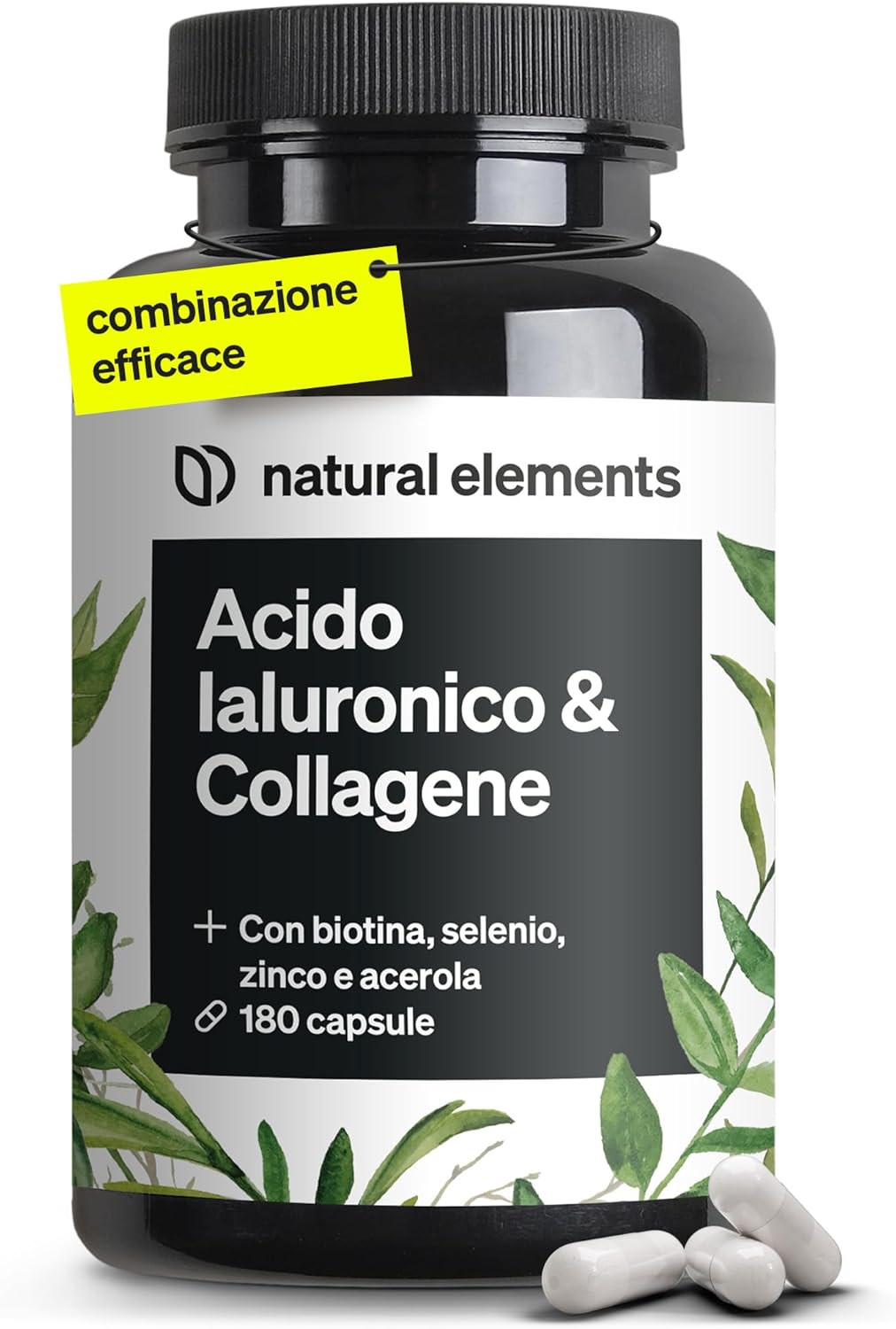 Collagene E Acido Ialuronico Integratore, 180 Capsule, + Vitamina C E Biotina, 1
