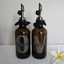 Olive Oil and Vinegar Dispenser Set 8 oz Amber Glass Bottles Upcycled Etched