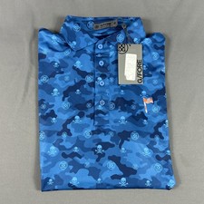 G/Fore G4 Golf Shirt Polo Chest Logo Skulls Tees Print Medium Blue MSRP 120