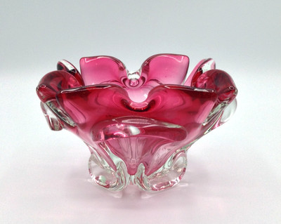 Vintage Art Glass Bowl by Josef Hospodka Cranberry Chribska Bohemian Mid Century