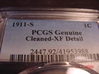 1911S BN Lincoln Cent PCGS XF Cleaned   KEY DATE