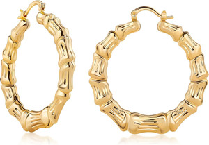 Authentic 18K Gold Plated Bamboo Hoop Earrings for Women, 40MM X 40MM - Made in Brazil