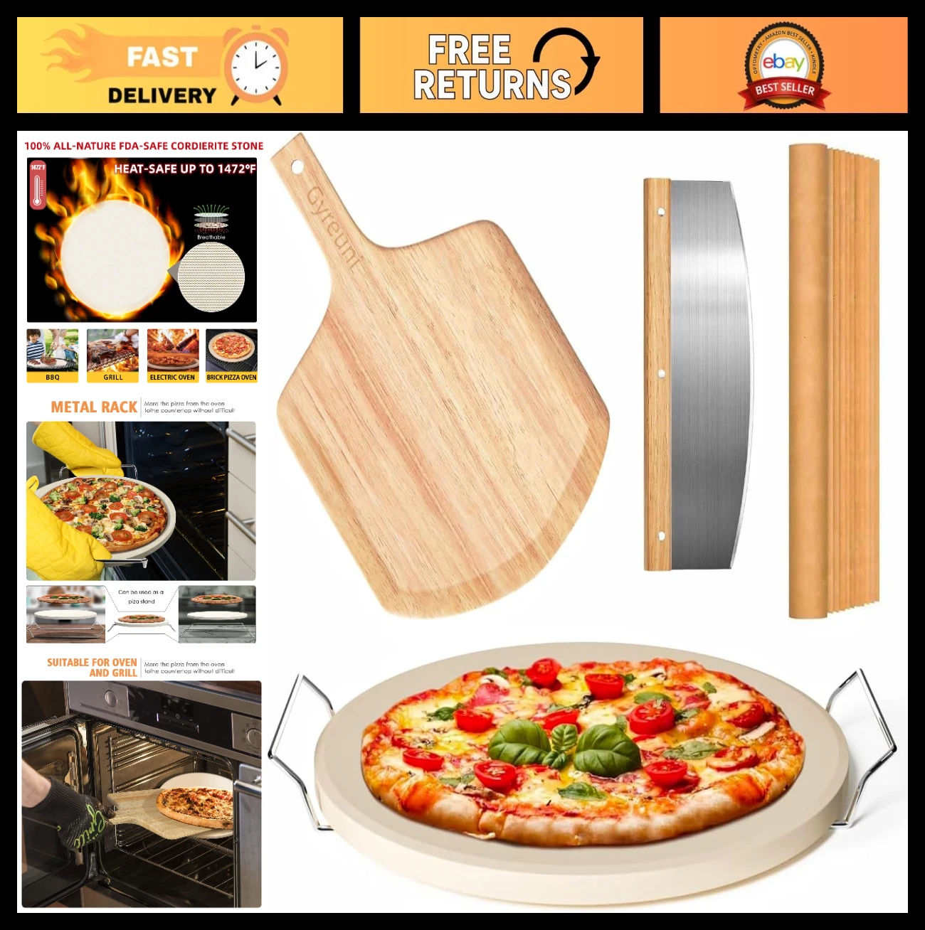 5 PCS 13" Round Pizza Stone Set for Oven & Grill, Pizza Peel, Cutter, Rack & Pap
Opens in a new wind