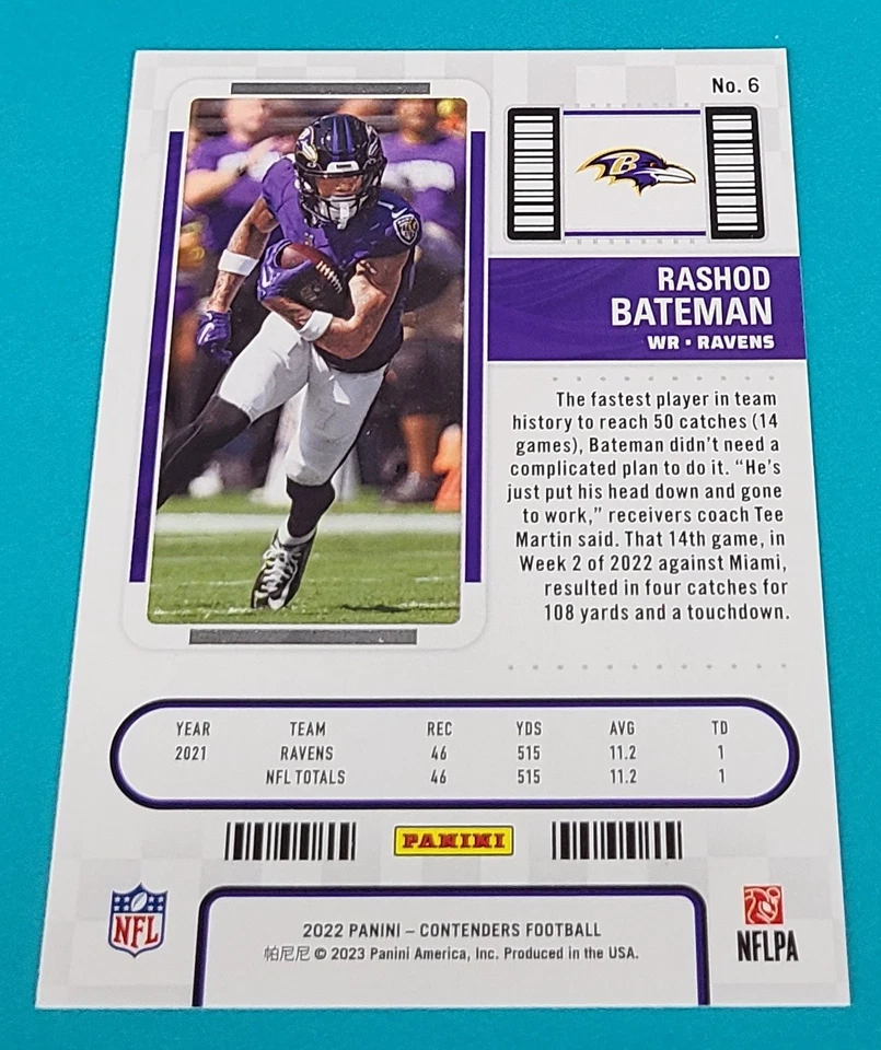 2022 Panini Contenders #6 Rashod Bateman Baltimore Ravens FOOTBALL Card D7 - Image 2 of 2
