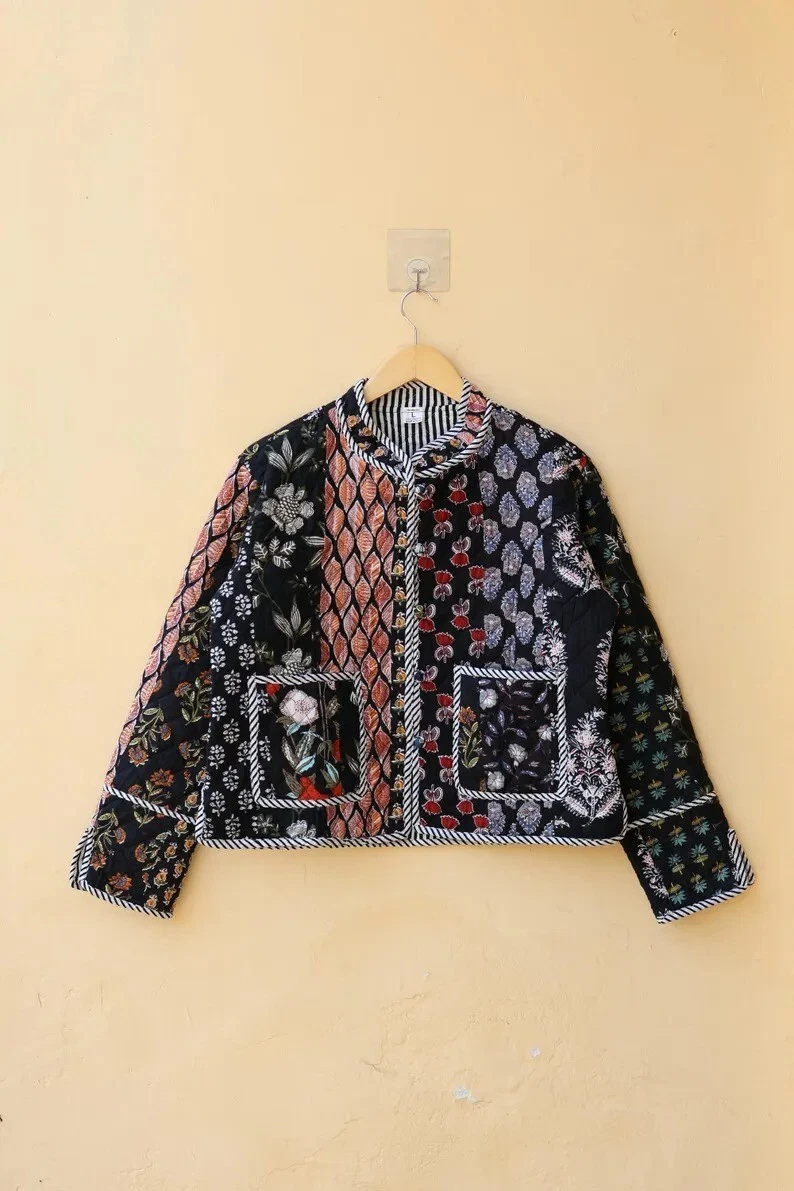 Indian Black Patchwork 100% Cotton Quilted Unisex Jacket Women's Clothing Jacket